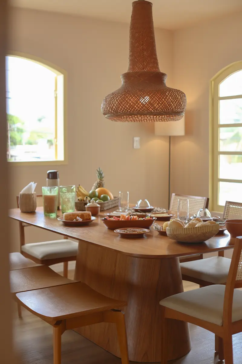 Mesa de jantar posta, sob um pendente de palha