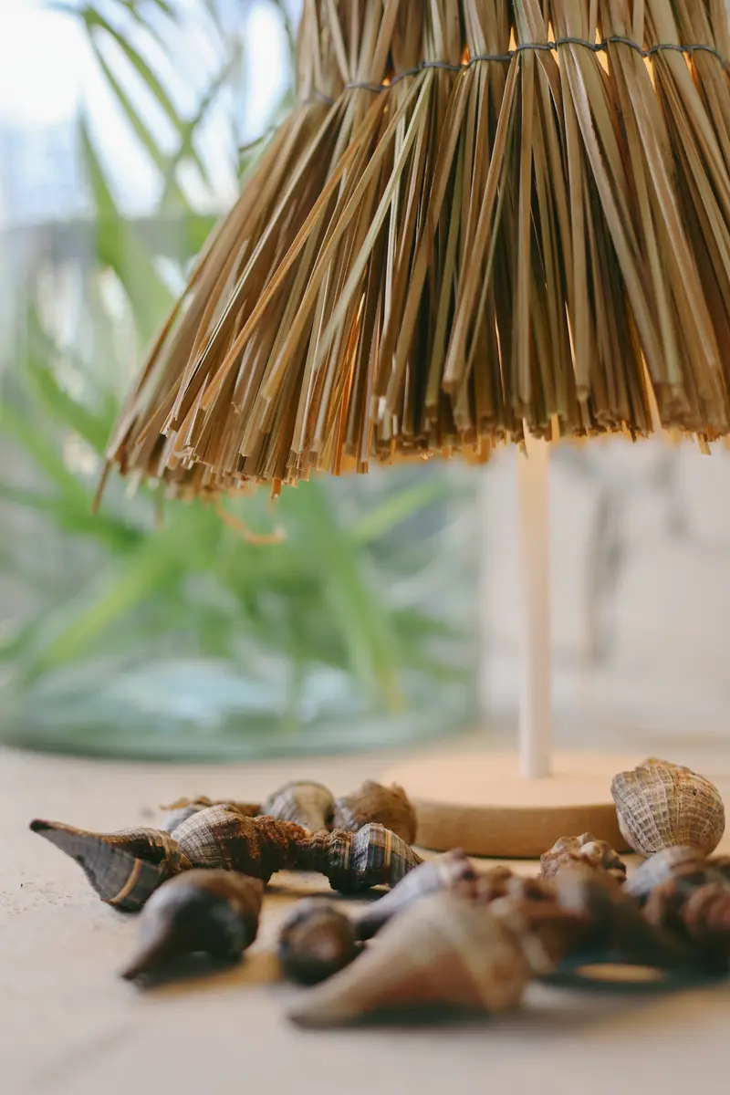 Luminária de palha e conchas sobre a mesa
